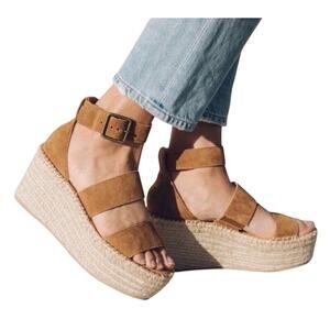 Soludos Palma Caramel Suede Platform Espadrilles with ankle strap, Size 10